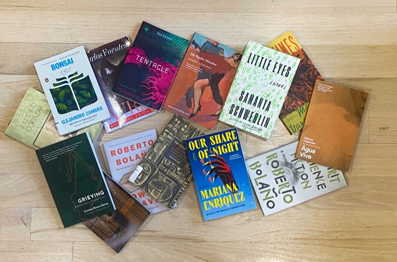 Books by Latin American authors in translation, including books translated by Esther Allen and Megan McDowell. (Photo: C. Harrison)