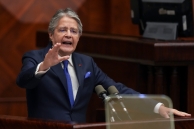 President Guillermo Lasso addresses the National Assembly at the opening of his impeachment trial. (AP)