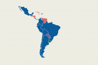 Map of Latin America, with countries colored based on the level of strength of democracy