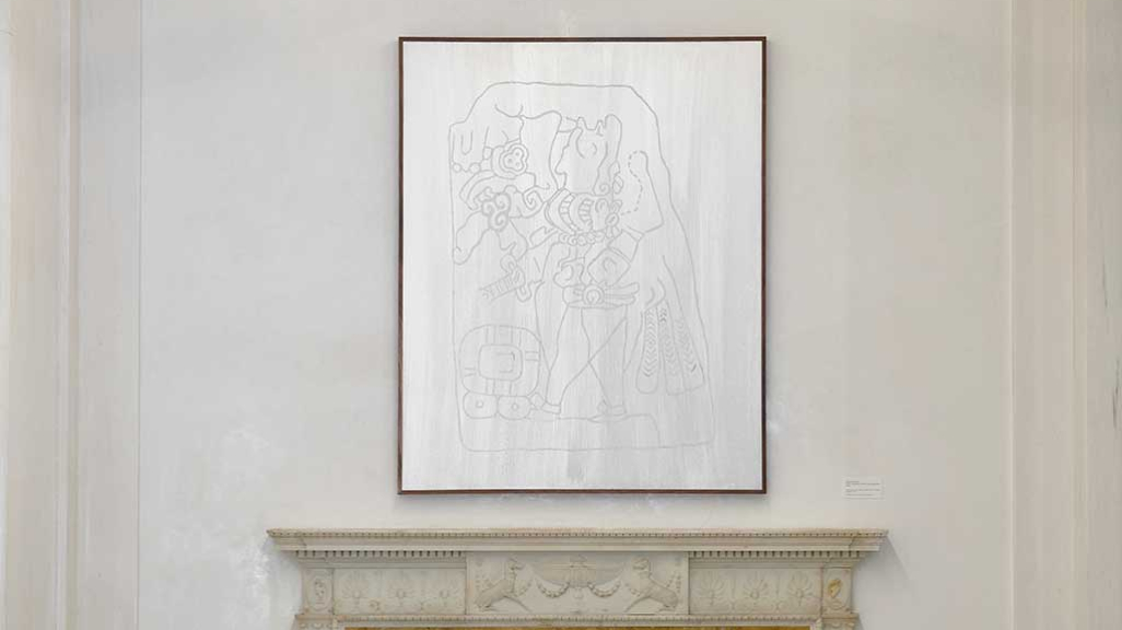 Gala Porras-Kim, Dainzu, Building A, Stone 1, illuminated text, 2022. Courtesy of Antonio Murzi & Diana Morgan Collection.