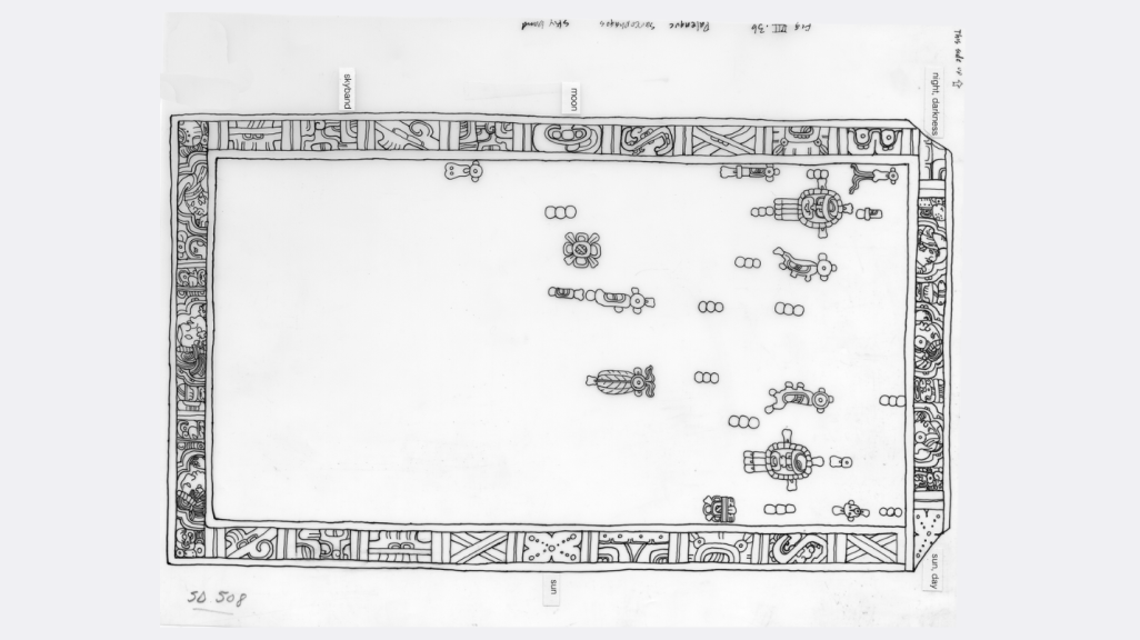 Linda Schele, Sky Band from the Sarcophagus Cover, Temple of the Inscriptions, n.d. Los Angeles County Museum of Art, Los Angeles, The Linda Schele Drawing Collection (SD-508).