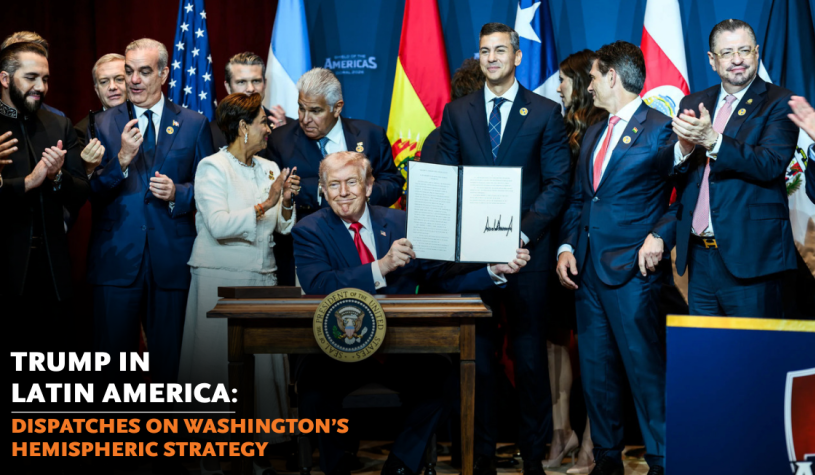 Center: U.S. President Donald Trump at his Shield of the Americas Summit. (White House)